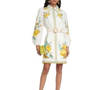 Zimmermann Halcyon Linen Shirt Dress Blue Yellow Floral Belted Size 0 US Size 4